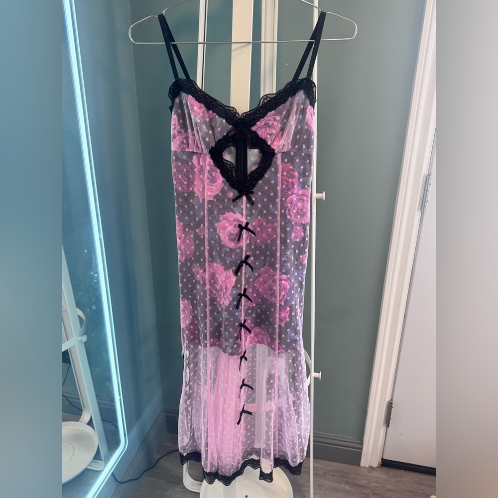 Current Mood Sheer Mesh Rose Slip Dress XS Lace Babydoll Coquette